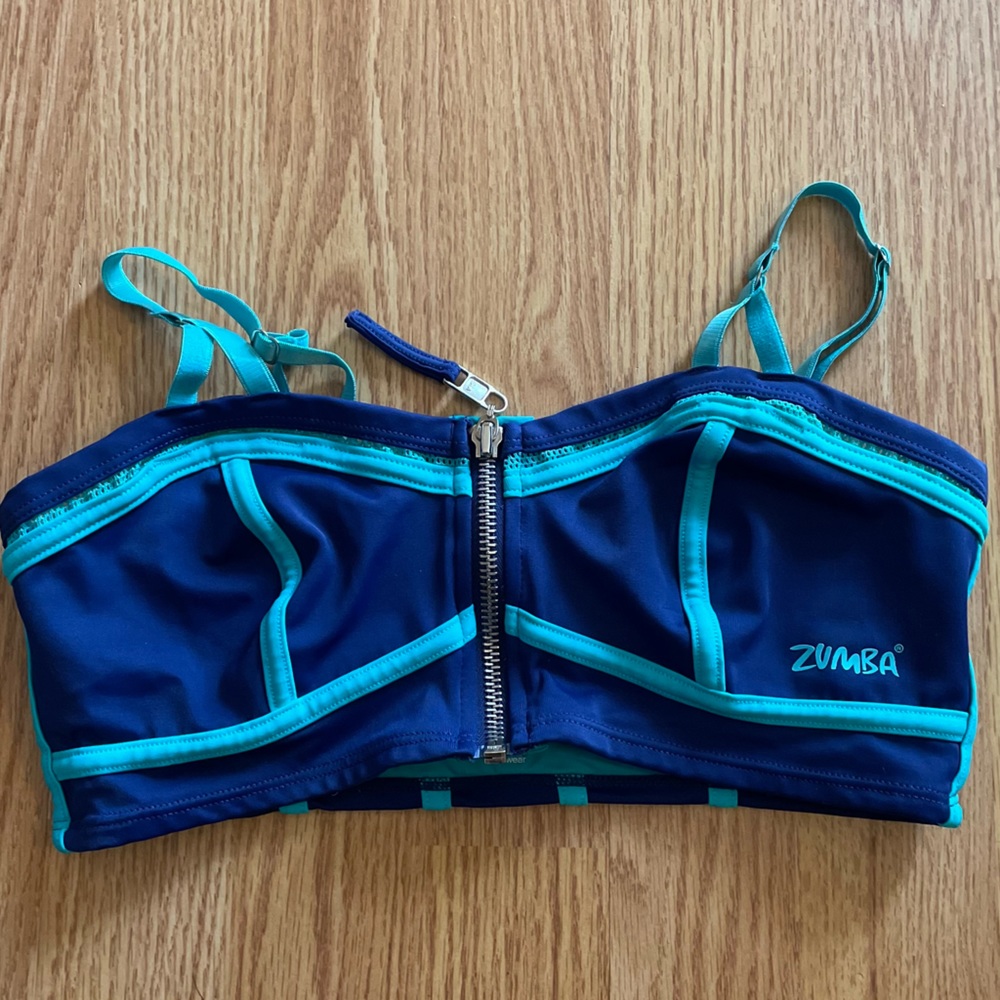 Zumba Fitness Blue Zip Front Sports Bra